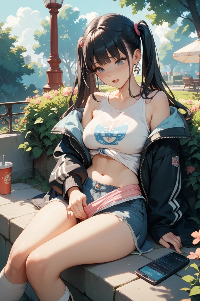Best picture quality，tmasterpiece，超高分辨率，（Fidelity：1.4），photore，1girll，，white  shirt，worn jeans，White sneakers，Pale green eyeballs，eyeslashes，beautiful pupil，eye shadows，Light blush，Delicate facial features，Reasonable facial features，（torn laundry：1.5），（wetclothes：1.4），Chest patch，exposed bare shoulders，Real rain，Wet hair