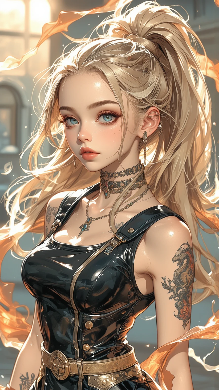 master piece,hyper quality, Hyper Detailed,Perfect drawing,NFSW,。.3D,8K Illustration、clearface、Hi-Res、1人、bad-girl、a blond、messy hair style、Two-block hair、Side tail、Hanging eyes、Outrage、((glares))、Wrinkles between the eyebrows、Open your mouth、lick your lips with your tongue、(((body piercings)))、Piercing 、A lot of piercings on the face、Street fashion、Tank tops、Wear a leather jacket crudely、leather pant、espadrilles、Baseball Cap、abdominals、(Beautiful muscles)、Trim your hair with a comb、Street、Slum、Detailed drawing、Perfect Photo