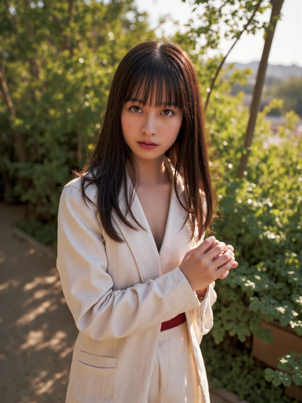(RAW shooting:1.3)、(Photorealistic:1.3)、(masterpiece:1.3)、(highest quality:1.3)、Super detailed、High resolution、(Depth of written boundary)、(Detailed eyes)、(Detailed facial features)、(Detailed fingers)、(Detailed clothing features)、High resolution、8k、Skin Tightening、(Glowing Skin)、Landscape Gestic、1 housewife、Japanese、Age 35、(Brown Hair)、(Medium Short Hair:1.5)、(Straight hair:1.3)、Hair blowing in the wind、avert your eyes、(Cowboy Shot:1.3)、(Dynamic pose)、(Smile)、blouse、Wide leg pants、Rich milk、Lens flare、Shining with colored light、Fantastic lighting、Forest rays、(Daytime cityscape, Busy Street, Expressing the vibrant charm of a bustling metropolis under the sun.)、
