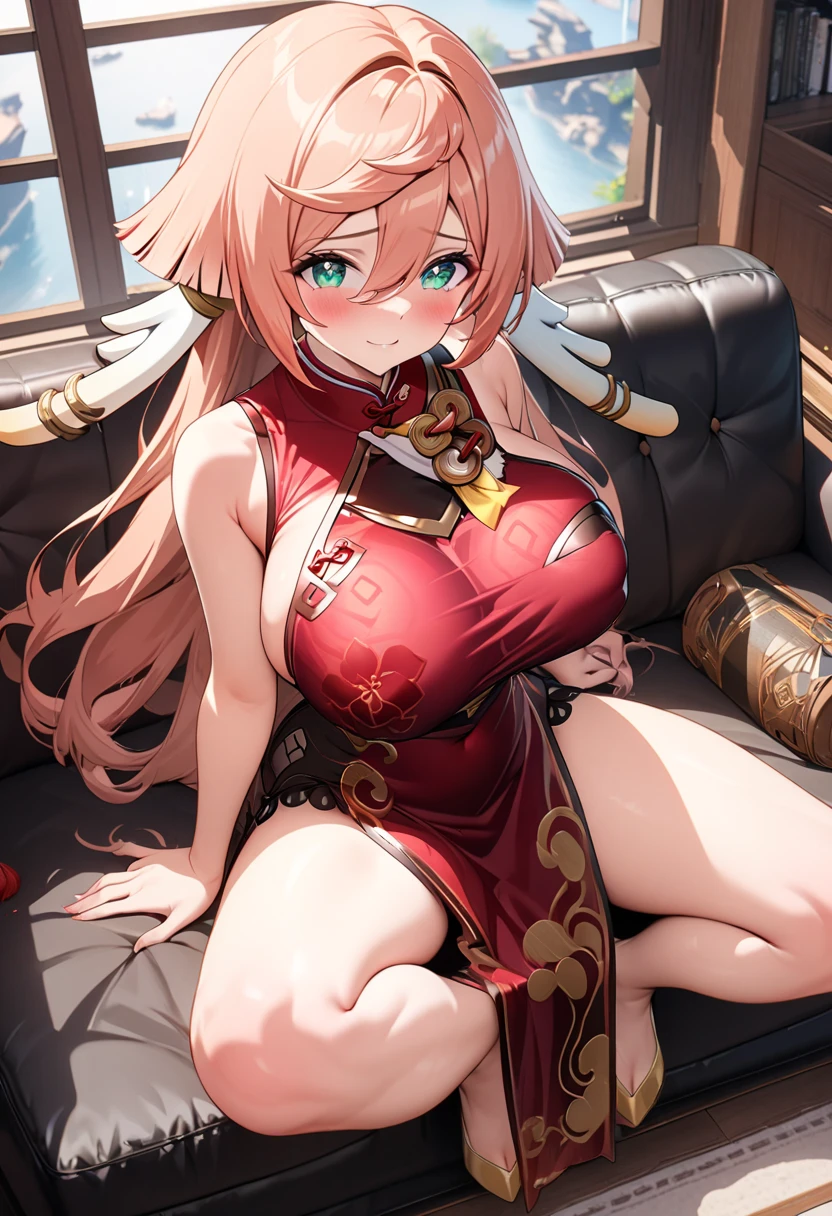 A female empress, white-haired, with yellow eyes, red nails, showing breasts, legs open showing pussy, with an angry face and a provocative look, mouth open with tongue out. Wearing traditional Chinese imperial clothing, decorated in gold with black details, with red Hanafuda earrings, with a short red skirt. Kneeling on a hotel room bed with the sunset at the window in the background.