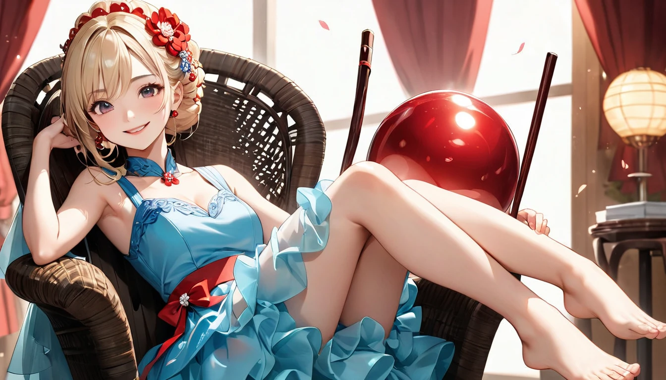 High resolution, masterpiece, look here, sitting with knees up on the floor, legs open, very realistic image of beautiful blonde hair, drawn by professional ukiyo-e, world of imagination, slim girl, nice legs , a well-fitting body, a sensual skirt, long eyelashes, delicate makeup that accentuates her gaze, a devilishness that sends shivers down your spine, her lips slightly parted, giving off a mysterious aura, and her eyes tilted upwards. 's eyes will tempt you,
