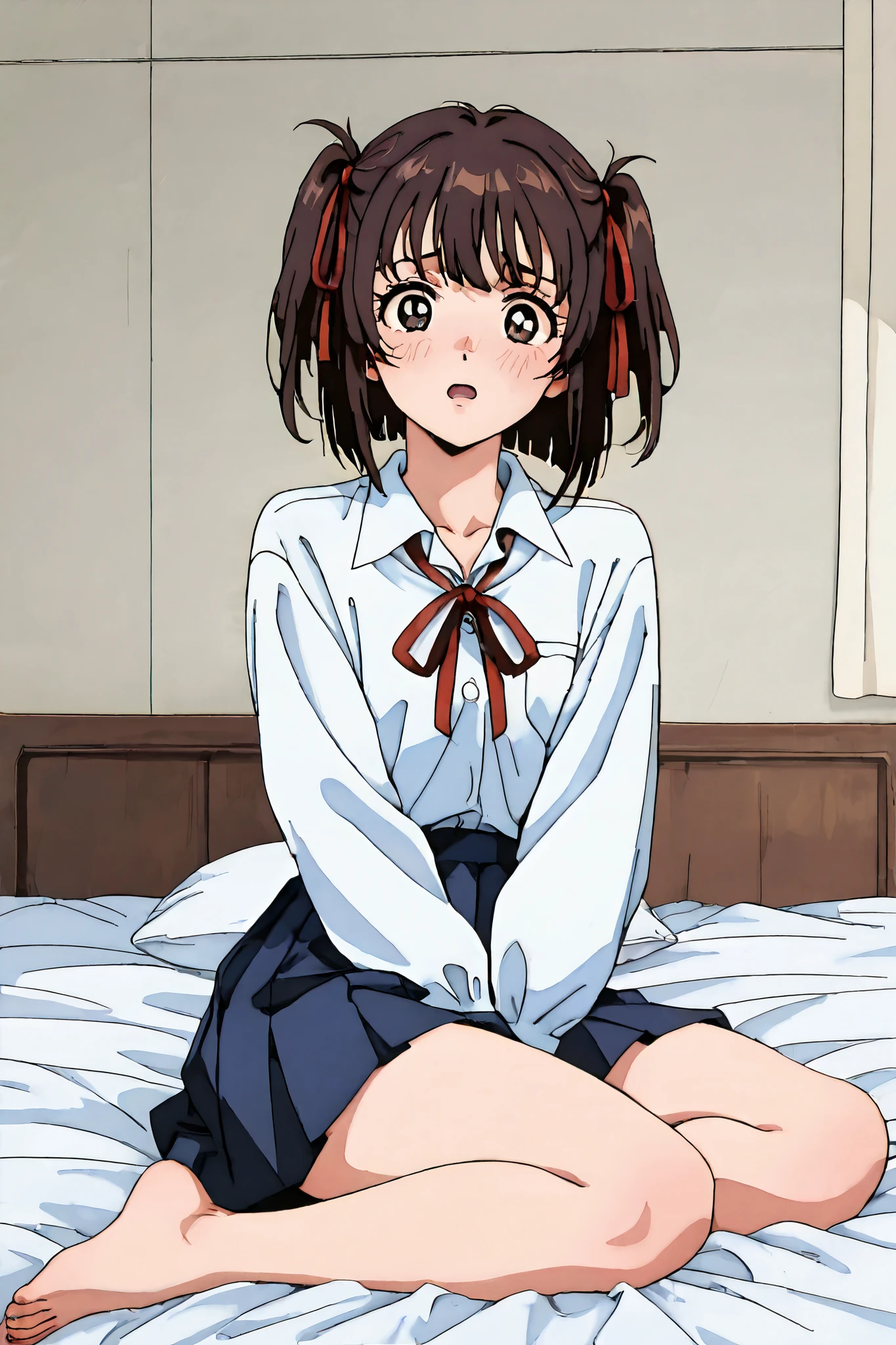 kayo,dark brown eyes,dark brown hair,two side hair,shoulder-length short hair,hair tied thin red ribbons,school uniform,white collared shirt,thin short red necktieribbon,navy blue short pleated skirt,tareme,labiomental sulcus,masterpiece,best quality,amazing quality,ultra detailed, very aesthetic,highres, beautiful detailed hair, beautiful detailed eyes, beautiful detailed face,beautiful,super detailed skin, perfect anatomy,score_9, score_8_up, score_7_up, source_anime,retro art style,[[realistic]],embarrassed,ecstasy,sitting on a bed,barefoot,open mouth