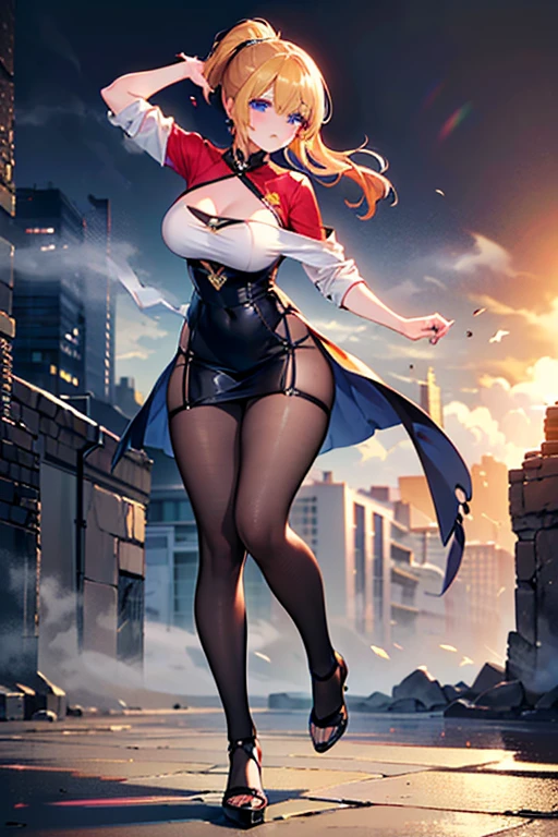 A giantess suddenly appears in the bustling city, her towering figure reaching into the clouds like a moving skyscraper. She is described as a mature woman, a giant woman, a titan woman, with a busty figure, huge breasts, thick thighs, and a perfect body. She is adorned with a deep cleavage, dressed in a manner befitting a superwoman, including underwear and attire that one would associate with a superwoman, such as pantyhose, garter belt pantyhose, and open-toe sandals. With her blonde hair, she presents an imposing yet captivating image.

People will try to escape from under the giantess's feet as quickly as possible. Emergency service personnel will organize evacuations and guide people to safe areas. At the same time, there may be volunteers and rescue teams on the scene to assist those who are injured.