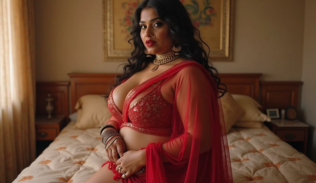 a beautiful curvy indian woman with large double d breasts, big soft , wearing a red traditional bride dress, sexy hot indian woman, studio lighting