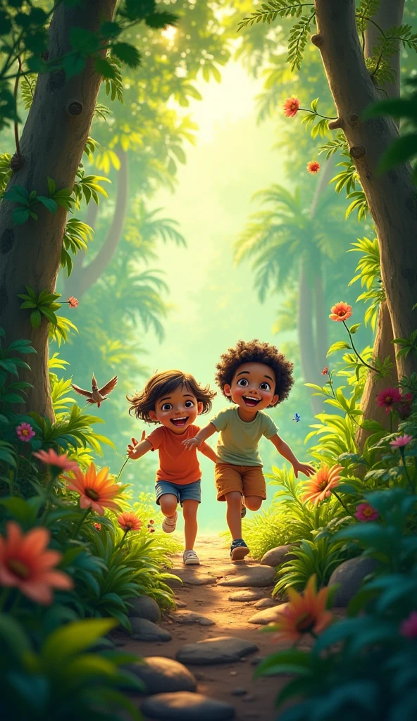 Under a large plantain tree，The two children talked and laughed