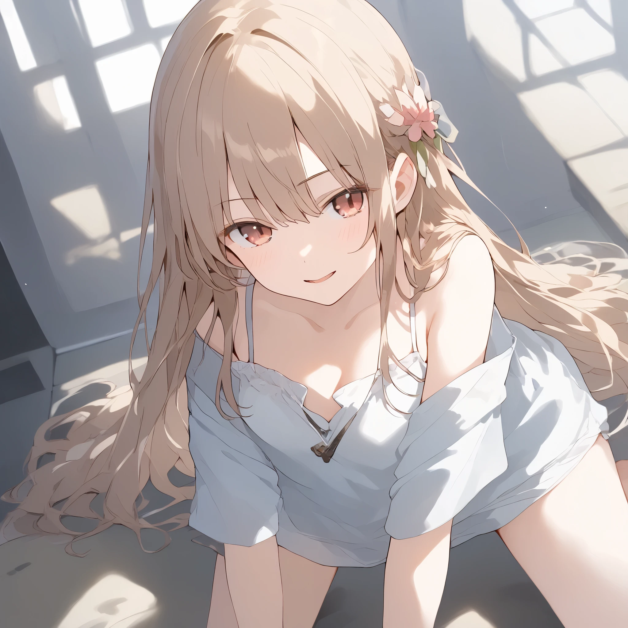 ((Masterpiece)), ((best quality)), (Anime:1.4), (super detail:1.2), (High Definition:1.3), (Professional Photography:1.3), (wide shot), (sharp focus), (perfect light), (()), 1girl, (Succubus girl:1.3), cinematic lighting, Textured skin, messy hair, (loose blunt bangs), teenage Succ girl, (sitting on the beautiful cove), hand up, (slightly exposed small breast), (badly tattered and torn camisole), dirty oversized white camisole, (Healthy slim body), small breasts, cute eyes, ((sad smile)), (open mouth), Textured skin, pale brown hair, Cute Beautiful girl,
