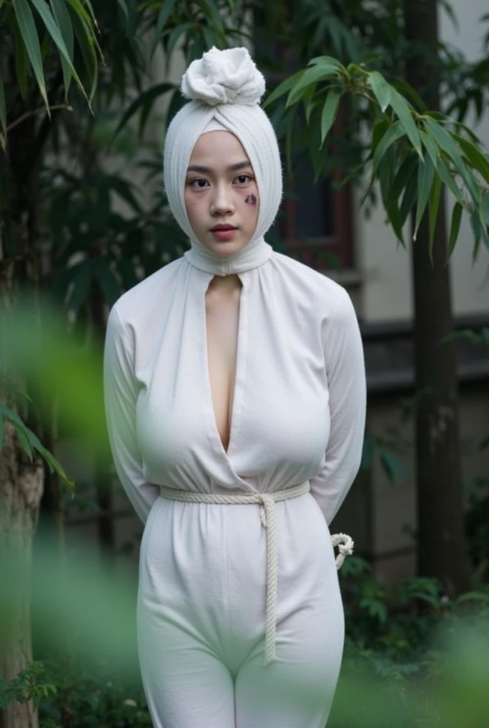 A beautiful white Asian girl wearing a long black hijab without clothes had both her arms hung up With rope And hanged by several old men so that she looked very tormented and Fatigue