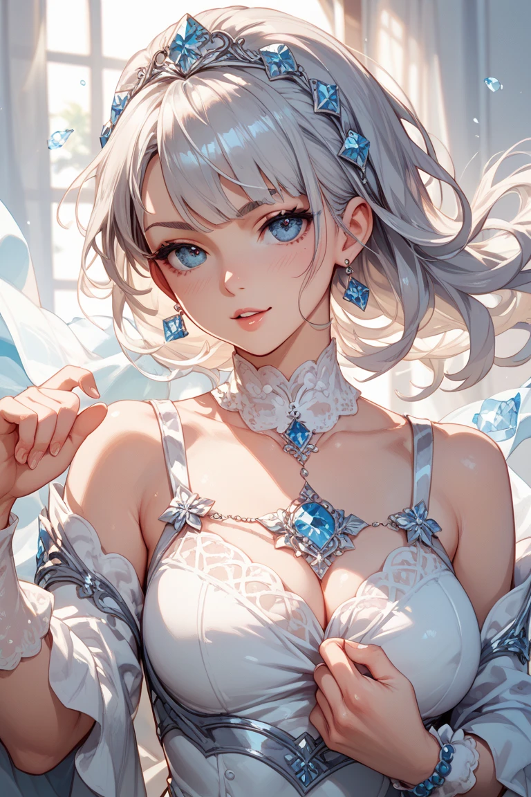 beautiful detailed girl, clear and beautiful, wedding dress, short hair, silver hair