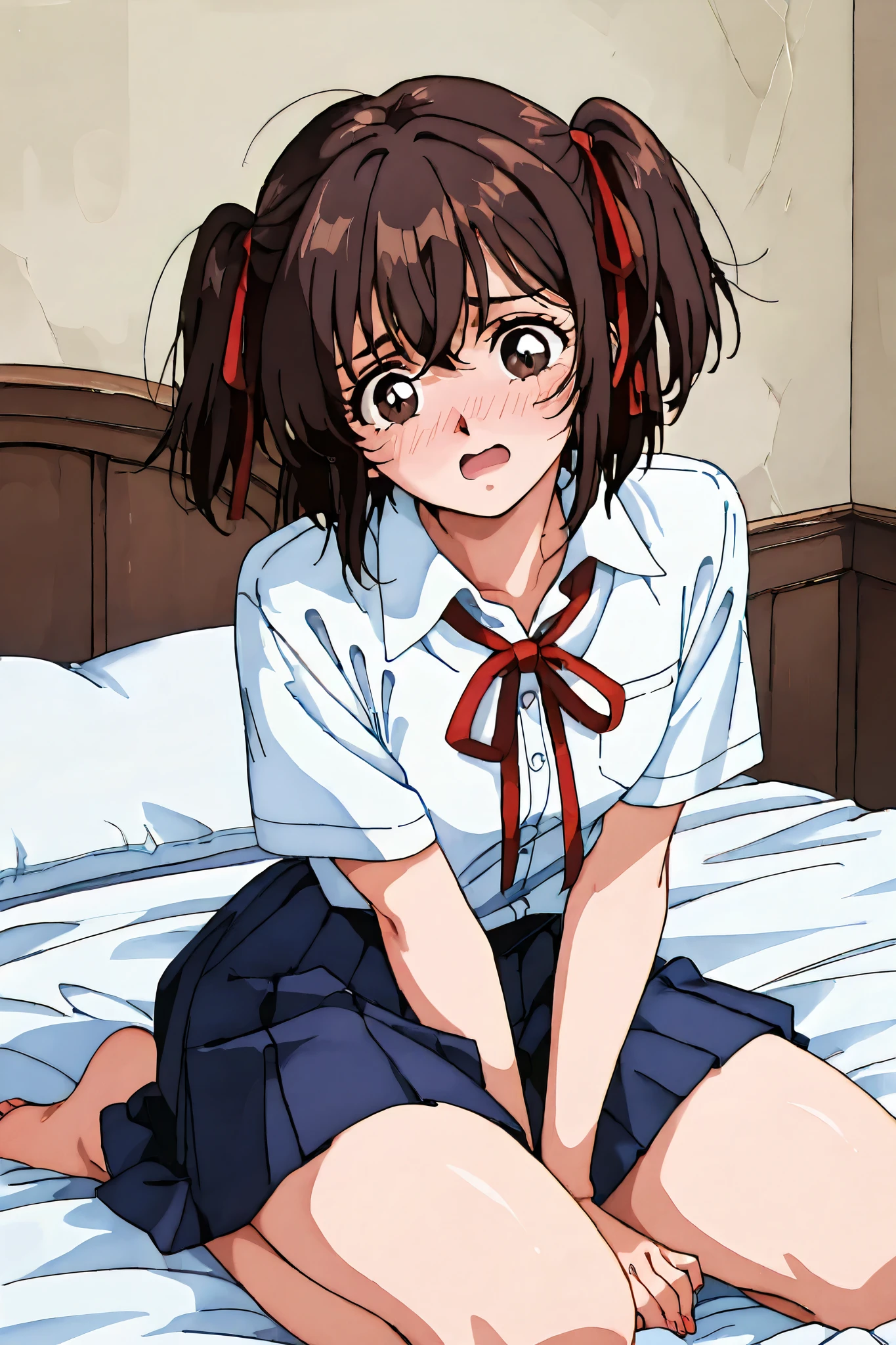 kayo,dark brown eyes,dark brown hair,two side hair,shoulder-length short hair,hair tied thin red ribbons,white collared shirt,thin short red necktieribbon,navy blue short pleated skirt,tareme,labiomental sulcus,masterpiece,best quality,amazing quality,ultra detailed, very aesthetic,highres, beautiful detailed hair, beautiful detailed eyes, beautiful detailed face,beautiful,super detailed skin, perfect anatomy,score_9, score_8_up, score_7_up, source_anime,retro art style,[[[realistic]]],embarrassed,sitting on a bed,barefoot,open mouth,closed eyes