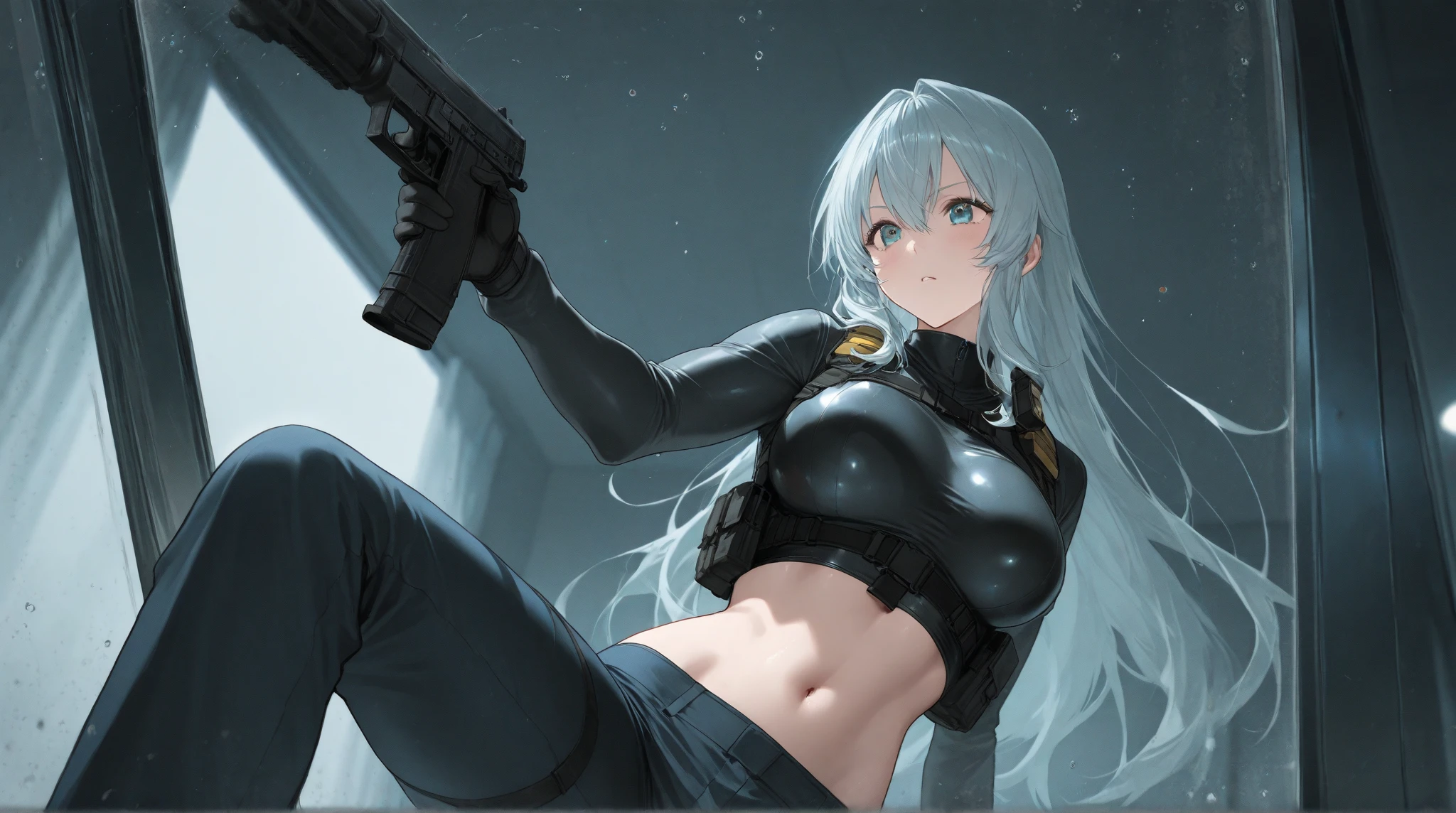 Top quality, best image quality, masterpiece, girl and ((black tank top, short denim shorts, 18 years old, teenager, cute, best bust, big bust, beautiful sparkling blue eyes, wide chest, pink Semi-long hair, slender body, large cleavage, with sniper rifle, headphones, glowing back jet, battle pose, shooting, water splash, ), high quality, beautiful art, background ((space battlefield)) ), depth (Earth), tabletop, depth of field, cinematic style
