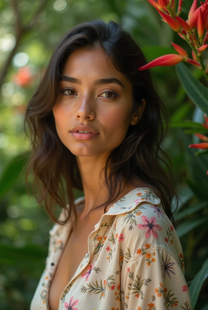 A Brazilian woman in a lush tropical garden, wearing an open shirt with a floral print, with a close-up capturing the harmonious beauty between her breasts and the natural flowers, showing off your natural charm and outgoing personality.