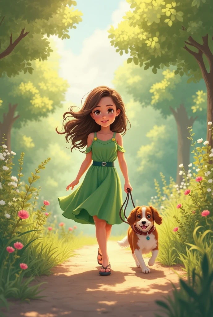 Girl in pink dress walking with a Chihuahua dog in a forest