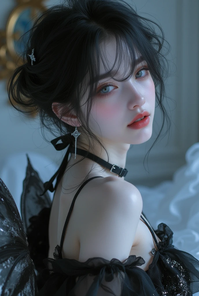 Fine matte painting, skeleton dark angel big wings haunted castle on drawing table full of knives, horror, spookiness, scary, secret horror, tentacles, vines, eyes, uncanny valley effect teeth, limbs, animals, blood moon，hight contrast，Glitter clothes