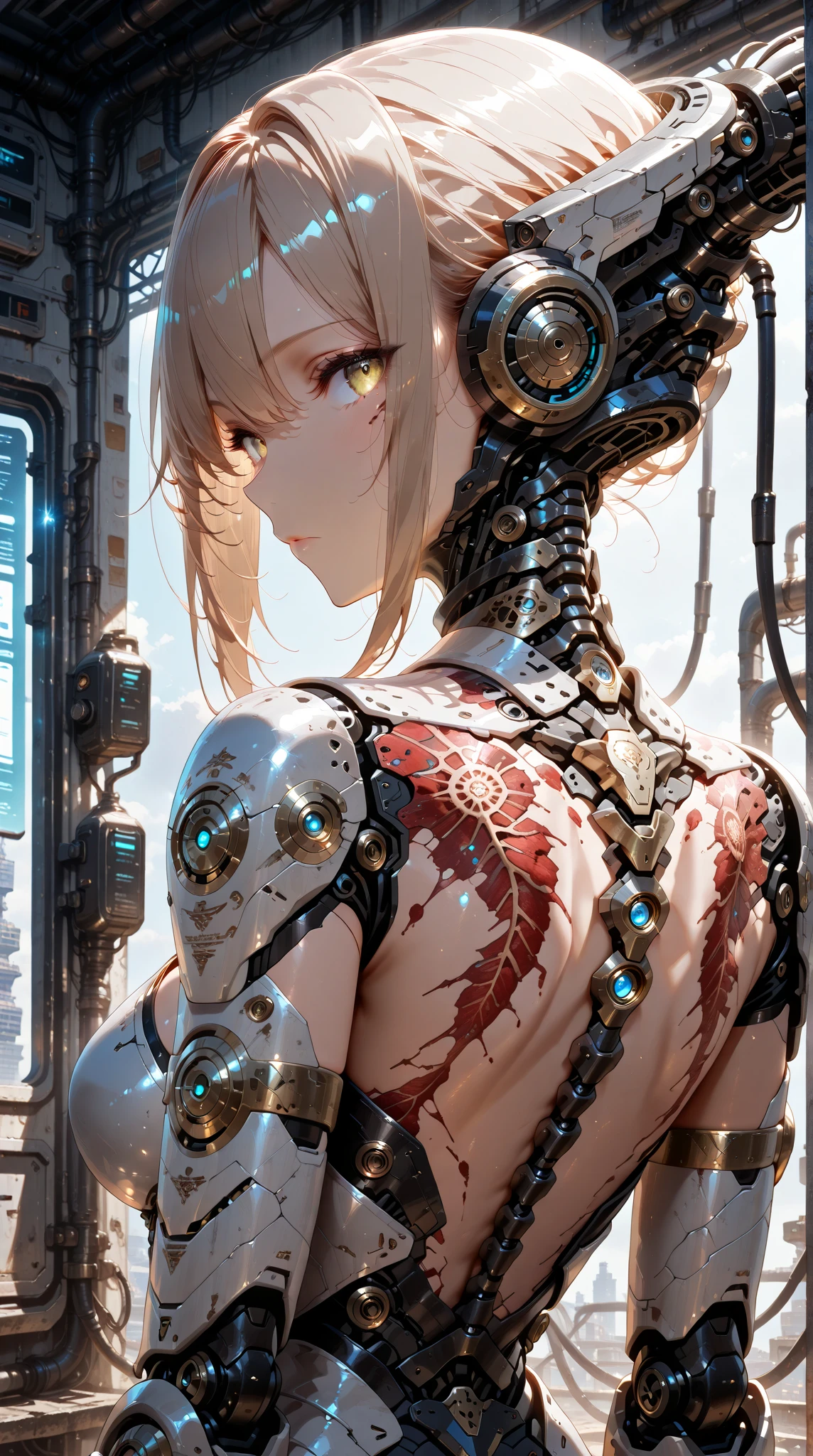 (((masterpiece))), (((best quality))), ((ultra-detailed)), (highly detailed CG illustration), ((an extremely delicate and beautiful)),cinematic light,((1mechanical girl)),solo,(cowboy shot:1.2),(machine made joints:1.2),((machanical limbs)),(blood vessels connected to tubes),(mechanical vertebra attaching to back),((mechanical cervial attaching to neck)),expressionless,(wires and cables attaching to neck:1.2),(wires and cables on head:1.2),(character focus),science fiction,extreme detailed,colorful,highest detailed, loongs,fengs,background,