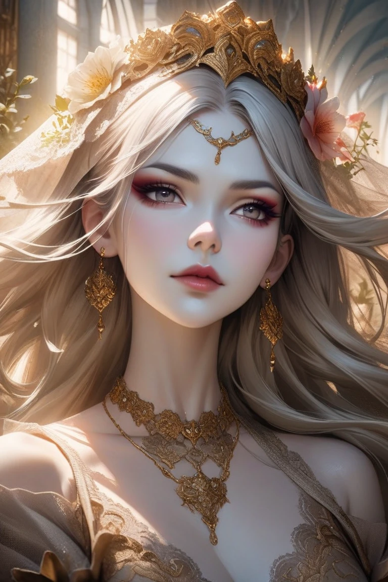 Best quality at best,tmasterpiece,A high resolution,3girl,Transparent silk porcelain dress,beautiful face,hair adornments,looking at viewert,ssmile,closing the mouth,cparted lips,shift dresses,hair adornments,choker necklace,jewely,long whitr hair,耳Nipple Ring,beautiful face,upon body,dingdall effect,真实感,edge lit,twotonelighting,(highdetailskin:1.2),8k uhd,digital SLR camera,softlighting,high qulity,Volumetriclighting,sneak shot,photore,A high resolution,4k,8k,Background bokeh,Leaking