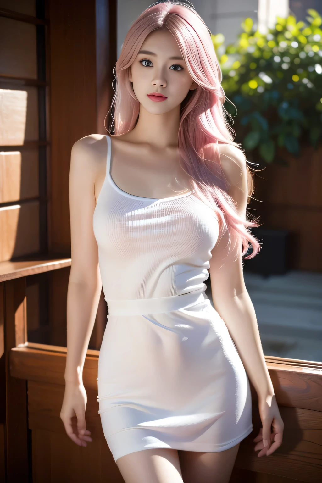 a woman with pink hair and a white seethrough shirt posing for a picture, ((hard nipples shown through shirt)), smooth white tight clothes suit, kawaii realistic portrait, realistic style, realistic young girl, seductive girl, smooth cg art, style artgerm, ! dream artgerm, not fully clothed. sexy, beautiful alluring woman
