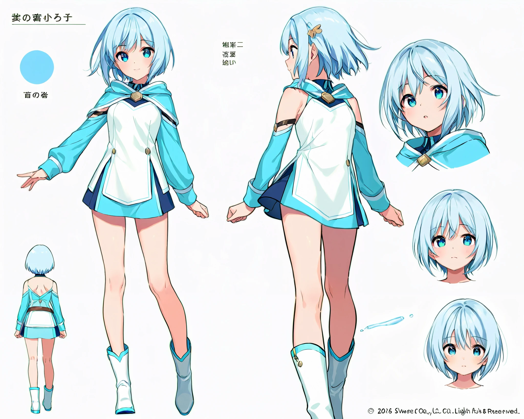 three view drawing, front and back and side, character sheet,full body,simple background,(blue-haired girl、Water Wizard、short hair、Energetic and active、so cute、、stupid hair、miniskirt、clothes that are easy to move around in、boots、slope、Light blue clothes)
