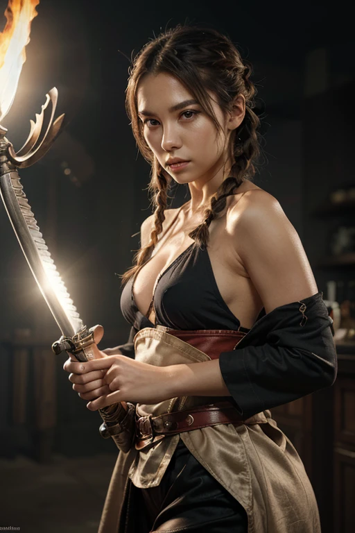 (Masterpiece), (best quality), behold a powerful yet vulnerable scene portraying a samurai girl, her chest exposed and body adorned with battle scars, a testament to the intensity of her recent fight. Standing amidst the aftermath of battle, she exudes an aura of resilience and determination, her torn garments and bruised skin revealing the toll of combat. With her sword at her side and eyes ablaze with determination, she stands ready to face whatever challenges may come her way. Through masterful attention to detail, capture the raw emotion and strength emanating from her, inviting viewers to witness the inner and outer scars of her warrior's journey.