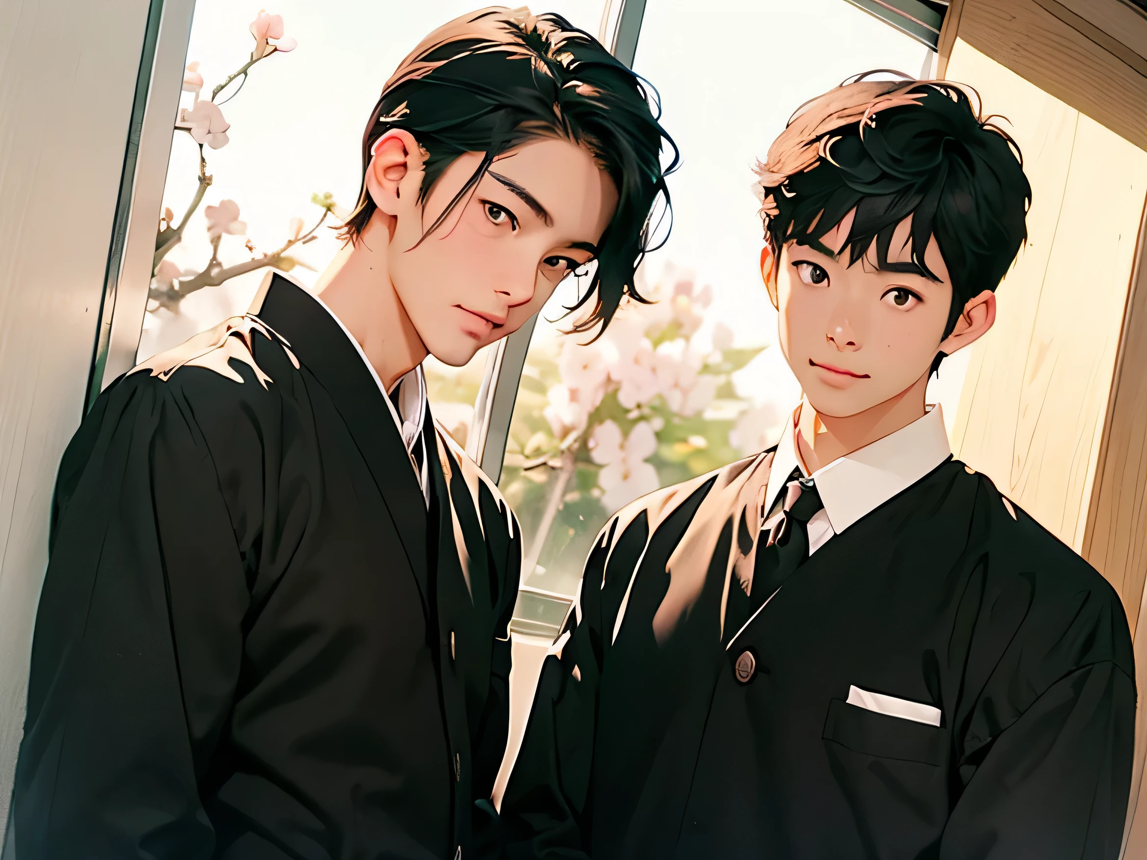Two Japanese men handsome smile Black school run Cherry blossoms bloom outside the window two stand side by side Black school runを着た二人 The upper body is a black long-sleeved dress lower body nude changing room