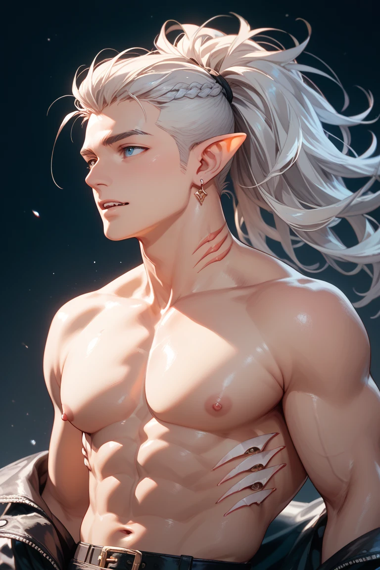 ((Masterpiece, Best Quality)), ((1 man)), adult, 25 years old, Alpha, white hair, (blue eyes), (detailed eyes:1.3), bright skin, Athletic build, strong, Manly face, (masculine:1.2), elf, naked, blush on cheeks, calm face, ((Sakimical Frank Franchetta, Heise Jinyao)), bathroom, plants, water drops, steam, expensive bathroom, foam, soap bubbles, ((Dynamic view)), NSFW