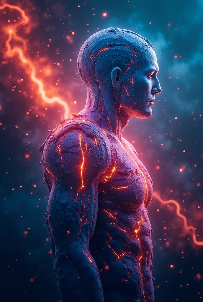 A 20 years old boy shirt less with cosmic energy with red fiar powers in space modern world