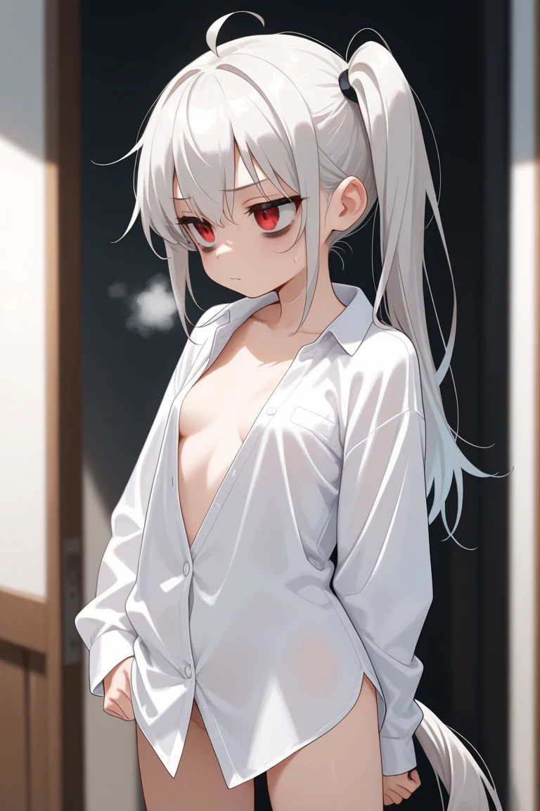 sauce_anime, ambient light,
fsn_ubw_style, 1girl ,tall girl, straight hair ,long hair, white hair, deep blue eyes, hair between eyes, perfect eyes , Perfect face, expressive eyes, close up face:0.2 ,
(show off breast), (undress dress open shirt),navel , detailed nipples, , tearful,
indoors, bed, realistic bed room, siiting ,blush, (steam),
cowboy shot, looking at viewer, solo, dutch angle, , open mouth, saliva ,small breast, (squinting) ,black pants