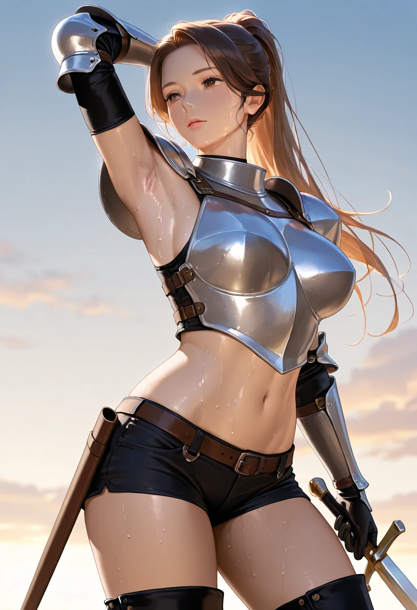 Adult woman with white short hair, gray eyes and dark skin,cleavage,muscle,Abdominal muscles,silver chest armor,helmet,Scapula,thong,Iron skirt,Thin legs,iron boots,spear,Shield,city wall