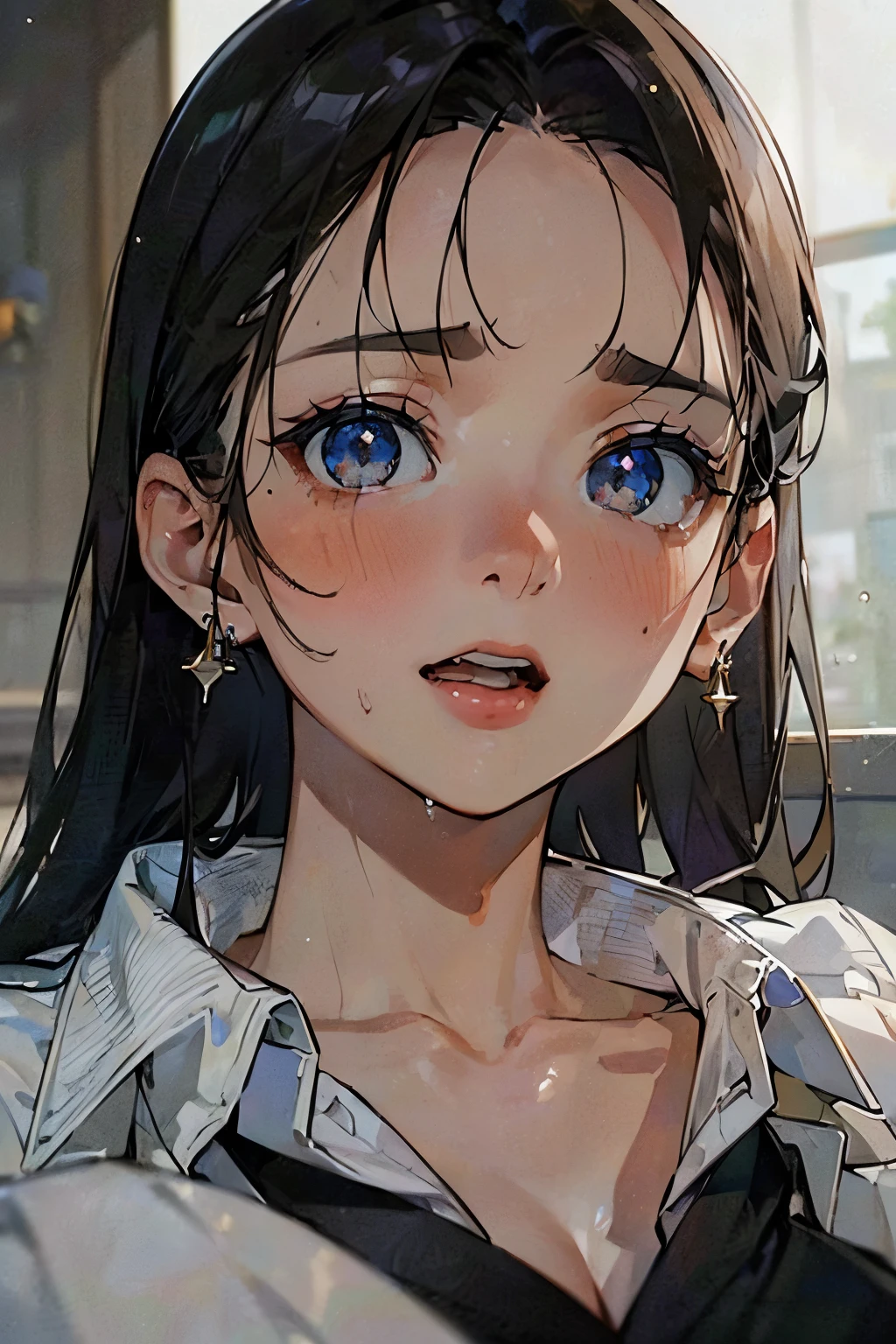 (masterpiece: 1.3), (Maximum resolution: 1.2), (Ultra HDTV: 1.2), Cinematic Light, 8k resolution, Detailed facial features , (Sharp focus: 1.2）, (Focus on the face:1.2),Perfect Style, Beautiful Face, Acura, Anatomically correct, Highly detailed face and skin texture, Beautiful Eyes,Beautiful Eyes, Thin eyebrows, Glitter Eyeliner: 1 Natural Cheek, Glowing Skin, White skin: 1.2, (Glossy lips: 1.4),、 (Embarrassed look: 1.2),Highly detailed face and skin texture, Natural Cheek, , Glossy lips: 1.4,Perfect Style、Exposed cleavage、（A lot of semen on the chest:1.4）（A lot of semen on thighs:1.2）、 、A humiliating look、Sulky look、A humiliating look、Embarrassed expression、Open your knees、Spread your legs、 White underwear、White bra、Sparkly little earrings and a rosary、Disheveled clothes、Exposed panties、Sweating、Thin underwear、Wet underwear、Age 28, A clean-cut woman,1 person、 I puffed out my chest, Old bedroom、On the bed、(return, ベッドにLying down, ベッドにLying downいる, Lying down, White sheets:1.3)、blonde、Black Hair、Blue-gray eyes、Greenish-gray eyes,(business suit:1.4)、Small breasts、