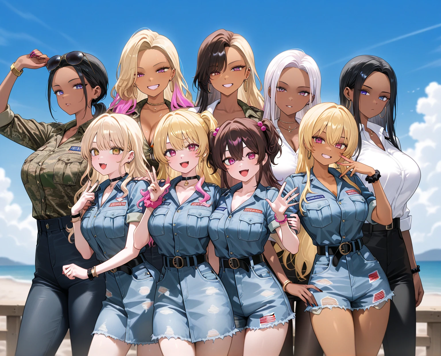 masterpiece, high quality, best quality, highly detailed, insanely detailed, hyper realistic, 4K, 8K, 16K, digital art, A smiling blonde girl dressed as a US Navy sailor, Pacific 2020.