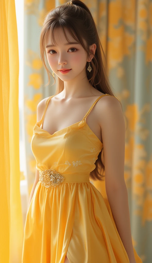 Sweet girl clothes9,yellow dress,,, Best quality at best,tmasterpiece,A high resolution,1 busty girl,dingdall effect,realistically,edge lit,two color lights,(highdetailskin:1.2),8k ultra high definition,pure,Dolce,Based on physical rendering,Perfect light and shadow,extremly high detail,Raised sexy,perfect body figure,Extremely beautiful,largeeyes,long eyelasher,The pupil texture is delicate,Perfect pupil quality,tmasterpiece,16k,photore,Bigchest,