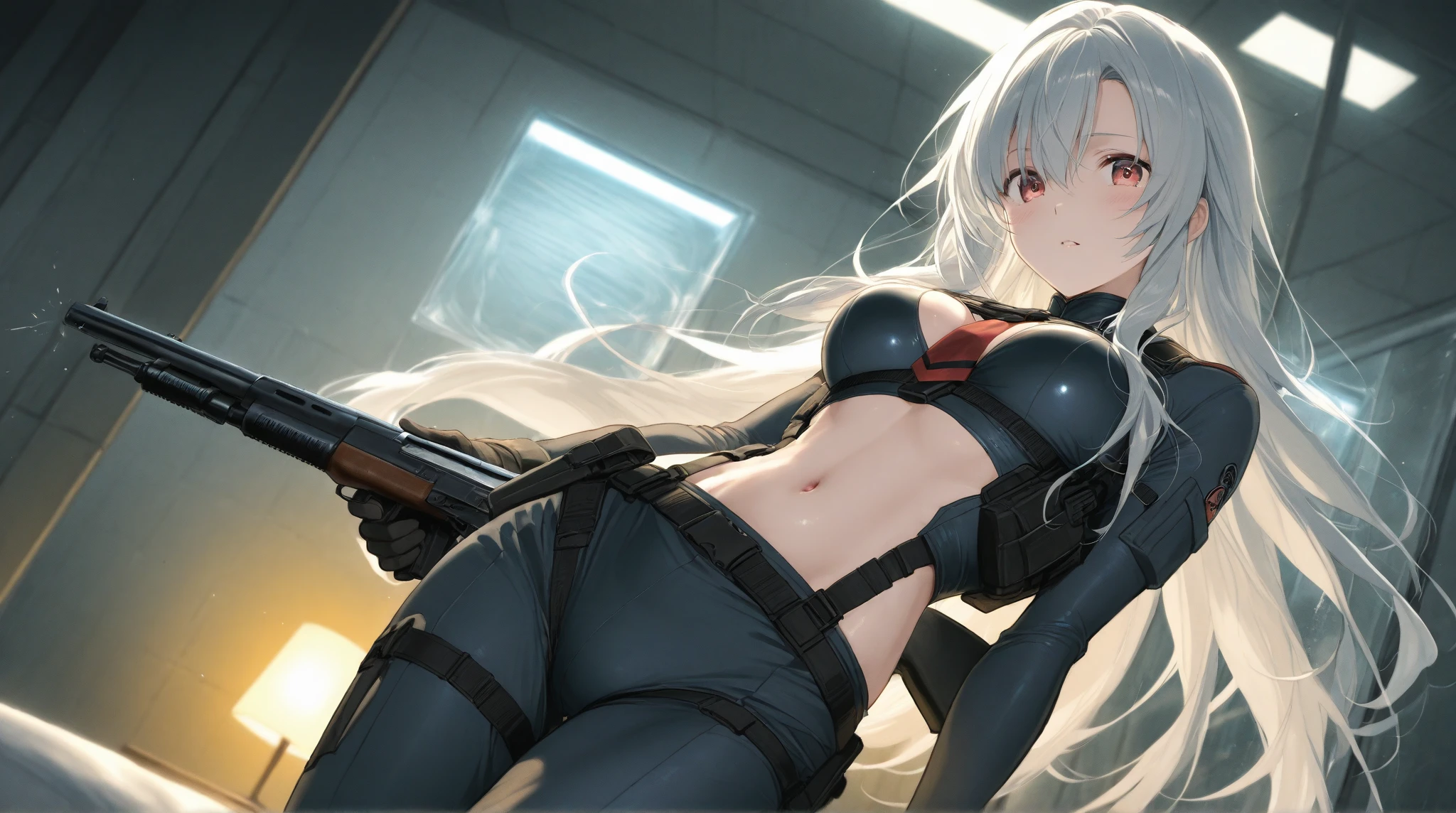 最high quality、best image quality、masterpiece、girl((18-year-old、 By becoming、vest bust、medium bust,wide open breast tea、shining eyes, silver hair、ponytail、long hair、thin,highest valley、white tank top、blue pants、Wristband、have a knife、ruby earrings、squat、Leaning forward)),high quality、beautiful art、background((Dark Research Facility、broken wall、warning mark、electricity))、Flight、debris flies、Depth of written boundary、movie、visual art、perfect art、8K,genuine、