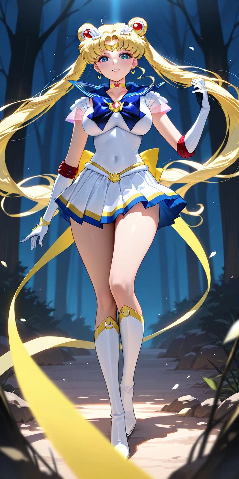 masterpiece, best quality, (1girl), supersailormoon, detailed face, smile, nigh sky, moonlight, moon, sakura trees, white gloves, detailed eyes, detailed face, fullbody, galazy background, gigantic breasts, giga_busty, back view from below