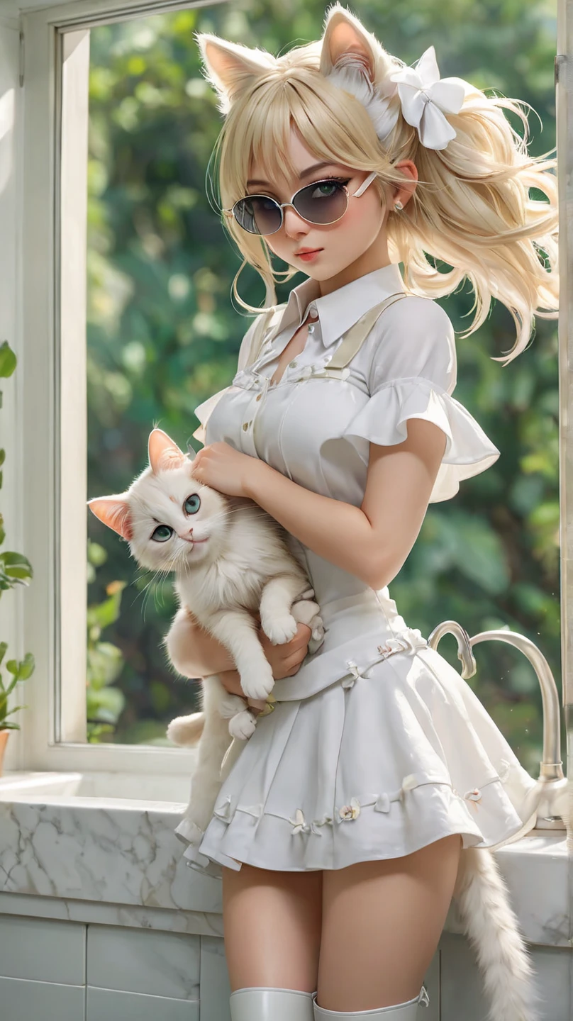 A beautiful girl have a beautiful white coloured cat in her hands