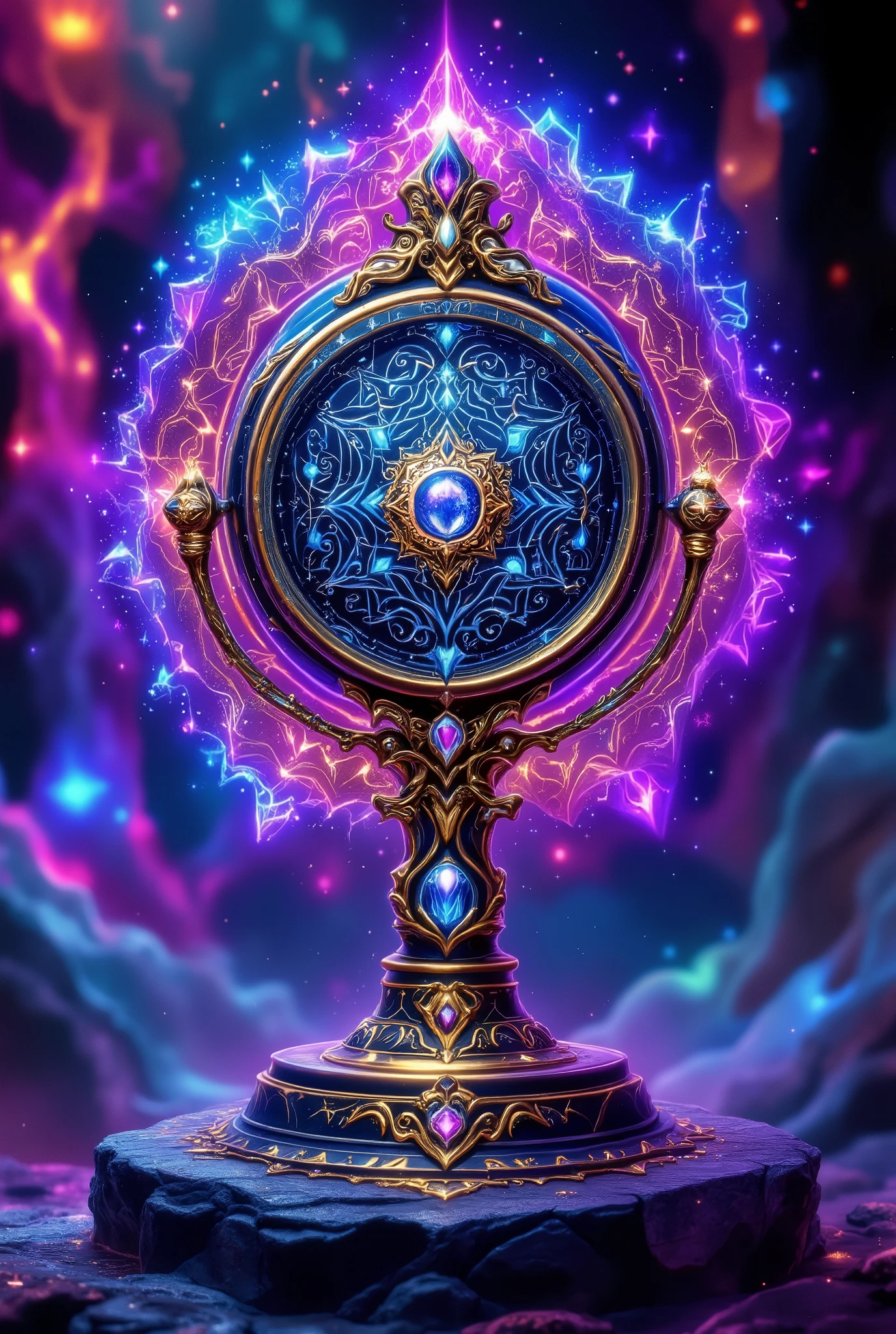 beautiful, fantasy style, beautiful effects , bright colors, magic seal, с разными узорами стоит на beautifulм вырезанном камне, gold and iron intertwine to form handles on a stone, sparkling patterns give a magnificent shape, encrusted gems, shimmer and sparkle, beautiful, Masterpiece, better quality, high quality, 8 k, maximum details,