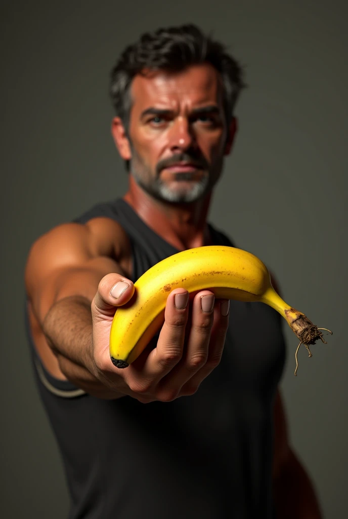 Create an 8k image of sexy 80 year old men holding a large banana