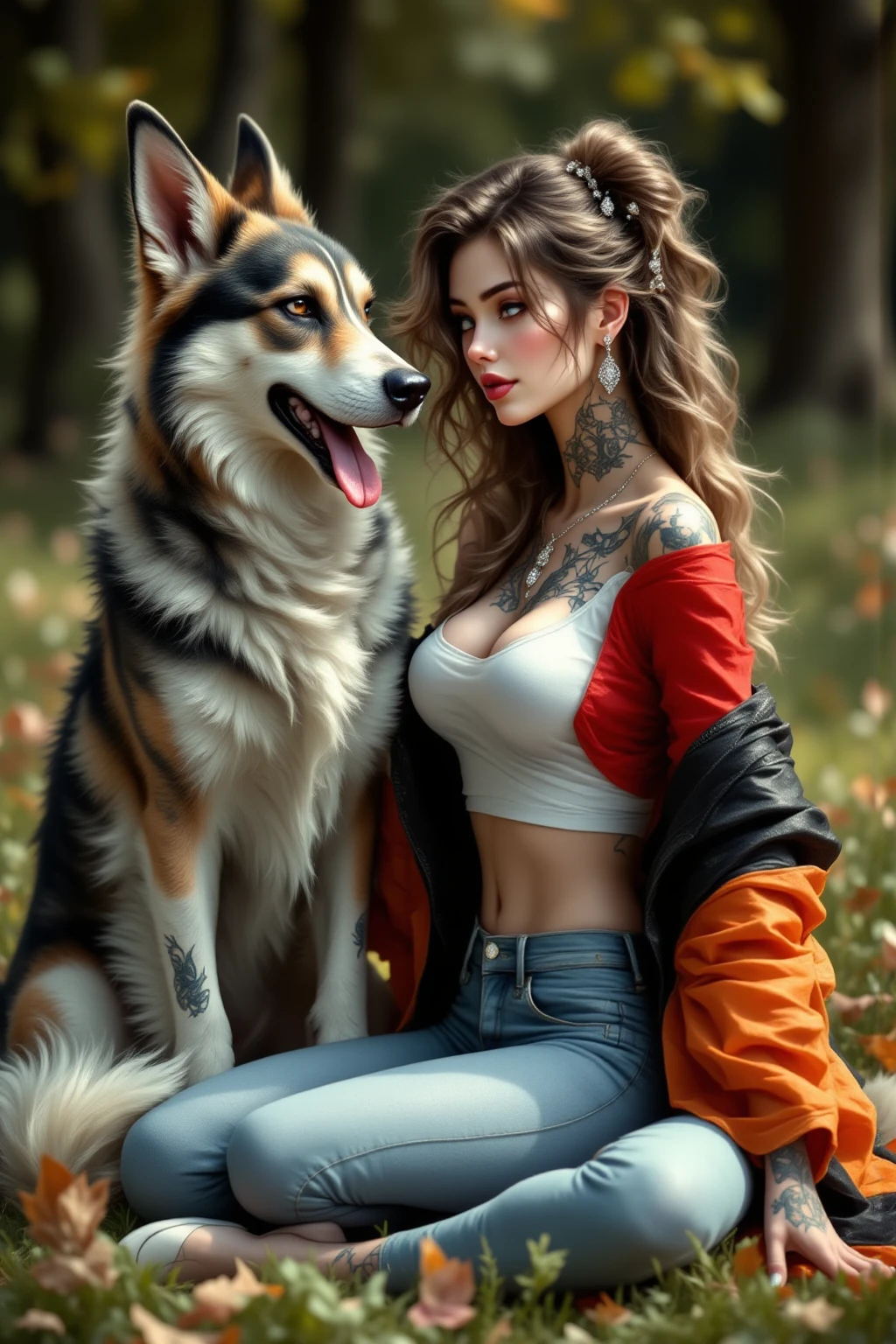 a natural white female, with extra long wavy brown n black hair, lashes, tattoos, plump lips, diamond chain, flawless lashes, wearing a red jumpsuit, standing outside with two husky mixed dalmatian wolf, the the sun shining down standing in a flower field