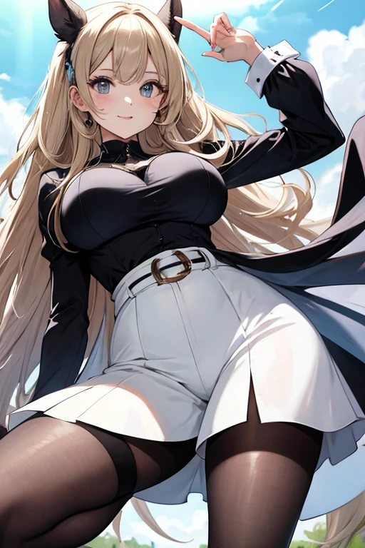 1girl, anime girl, golden hair, blue sapphire eyes, very long hair, perfect body, mature woman, mature look, mature appearance, mature body, big breasts, slender body, high quality, kind smile, serene smile, black cardigan, white shirt, black short jeans, black stockings, masterpiece, 4k wallpaper, slightly exposed navel