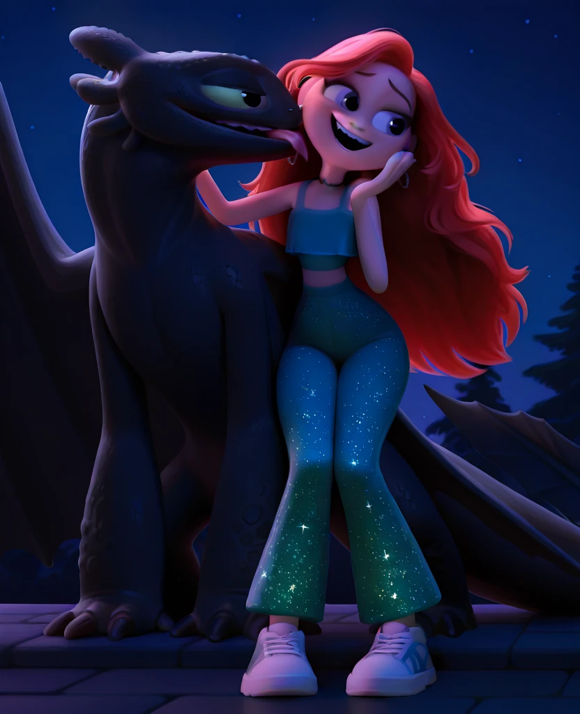 chelseatk, 1girl, long hair, red hair, blue eyes, crop top, choker, hoop earrings, sparkle pants, sneakers, toothless_httyd
dragon, night fury, black scales, wings, tail, claws, 1boy, green sclera, black pupils, face licking, laughing.