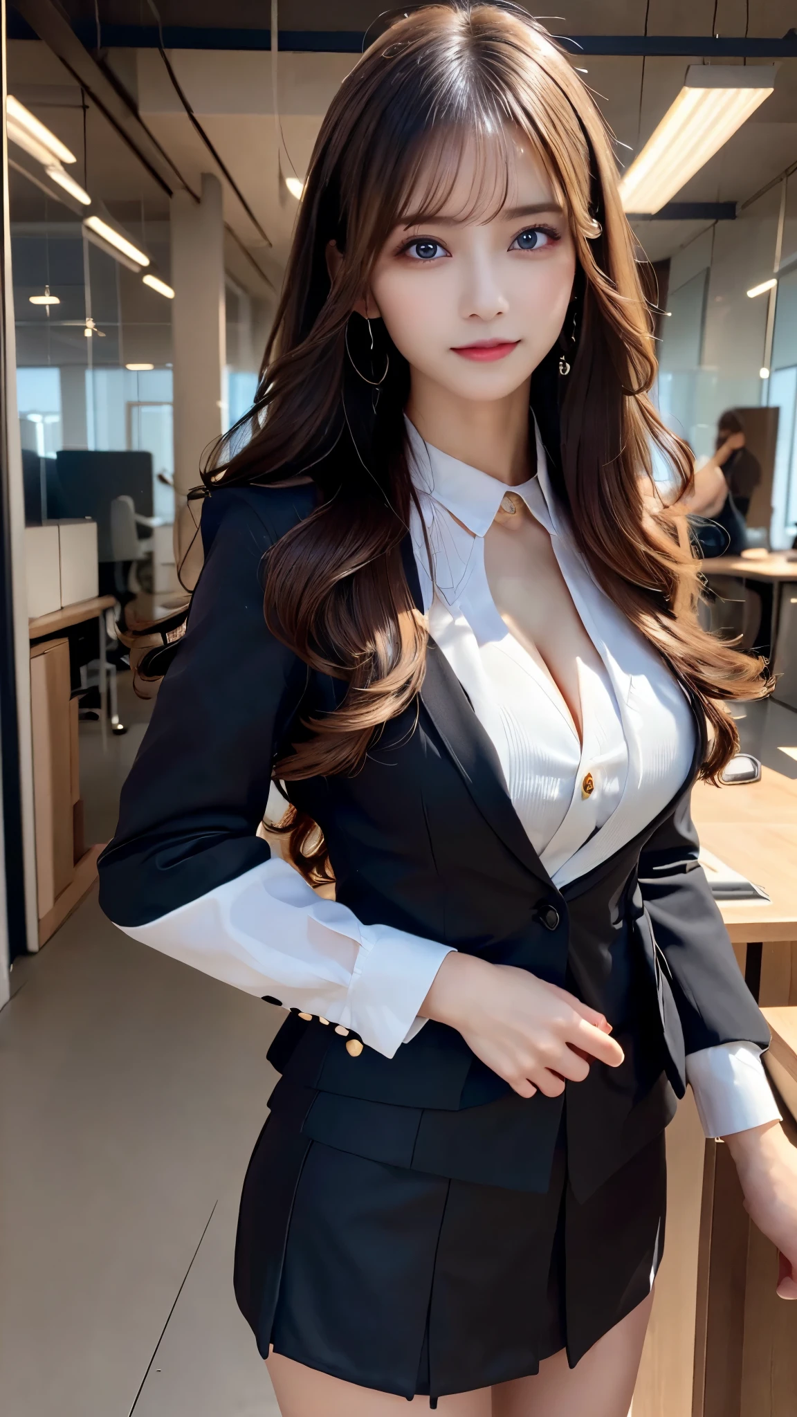 (Best quality, masterpiece, detailed), (RAW, 4k, hd images), 1 girl, 17 years old, white skin, long hair, ponytail, layers hair, bangs, black hair, beautiful girl, cute girl, sweet girl, pretty girl, perfect girl, perfect body, pretty eyes, blue eyes, thin lips, (eye line, lip soft), perfect round breast, glasses(detailed frame), simple background, smile, thigh, legs, long legs, formal blazer, black formal skirt, full body, standing on the middle camera, formal pose, cleavage, hair buns