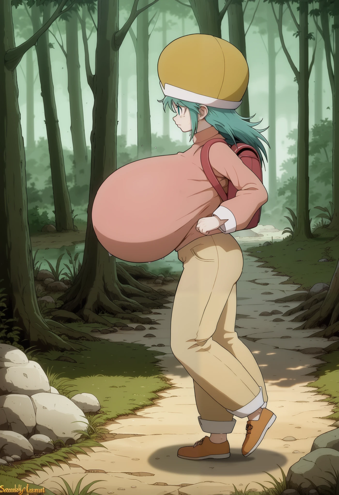 ponzu, hat, light blue hair, light blue eyes, solo, score_9, (ultra gigantic breasts:1.3, ultra gigantic cleavages:1.3, ultra gigantic boob :1.3), long sleeve pink shirt, red long pants, backpack, shoes, in deep forest, trees, grasses, rocks, solid floor, solid ground, dark atmosphere, dark interior, besides, exterior abandoned concrete wall house, old, shabby messy, (((sweat face, run away to viewer:1.25, escape to viewer:1.25))), side angle, side view,