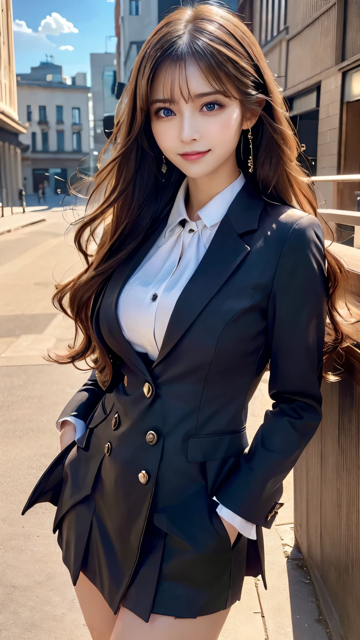 ((photorealistic)),((realistic)),((super high resolution)),((8K image)),( beautiful lighting arranged in an orderly manner),((Adult long hair:1.3)),((City Backgrounds:1.1)),((23 years old)),((Very beautiful and perfect body:1.2)),((A perfect and beautiful smile:1.3)),((detailed and beautiful skin)),((perfect and beautiful fingers:1.1)),((perfect anatomy:1.3)),((Beautiful E-cup breasts)),( beautiful waist),(big and toned hips),beautiful perfect face,A perfect and sharp gaze,( detailed and perfect big eyes),((office lady)),((Secretary style suit:1.3)),((miniskirt)),random pose