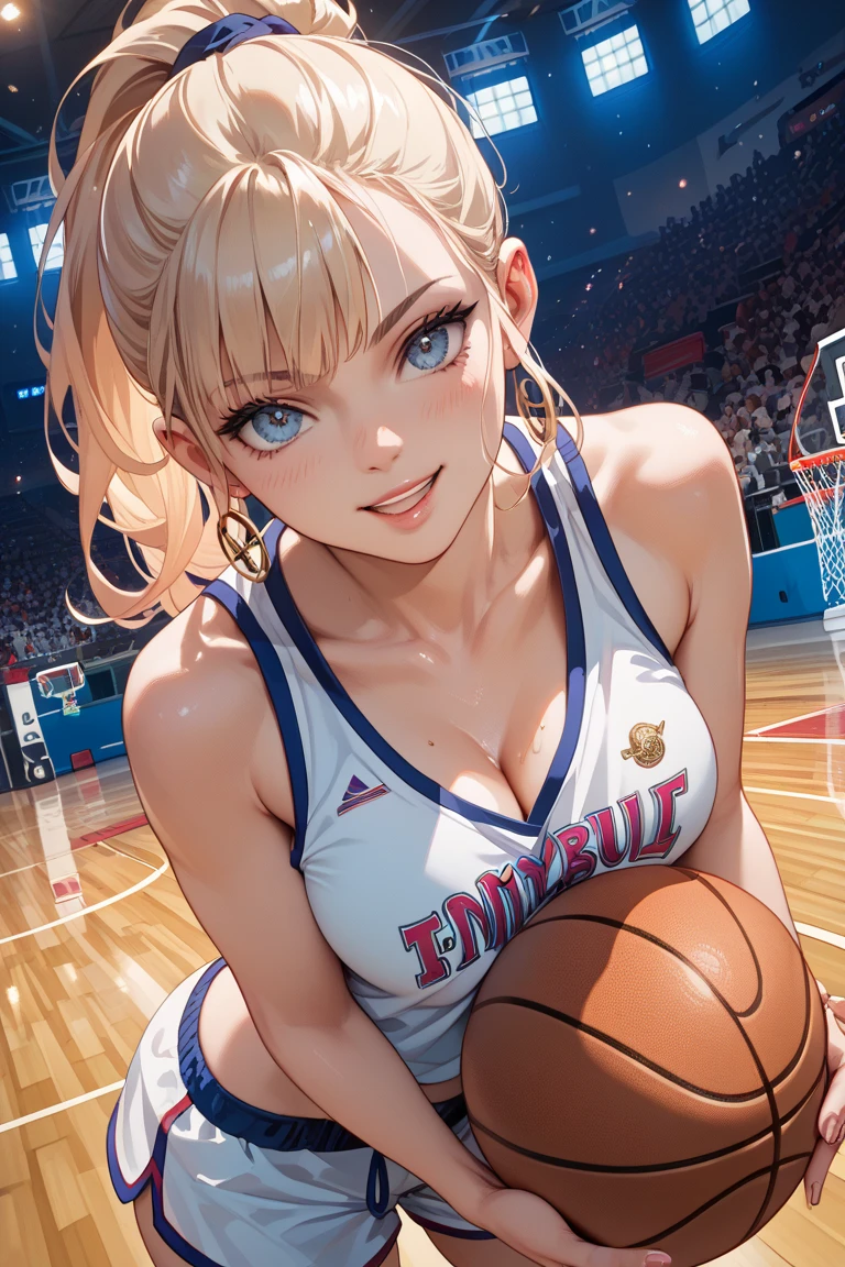 Masterpiece: 1.2, best quality), realistic, (real picture, rich details details, depth of fields), (1girl, solo), ssmile,exquisite facial features,s the perfect face,makeup, high detail, perfect face shape, (big breasts: 1.4), (skindentation ), thick thight, Wide hips, big breasts thin waist, Tall guy, coral, Redlip, red - eyed, horse tailed,((((Girl playing basketball, Transparent blue basketball suit)))), (sweat leggs: 1.2), (dampness), Raised sexy, Be red in the face,Sweaty,(Huge breasts:1.2),Multiple people are playing basketball --auto