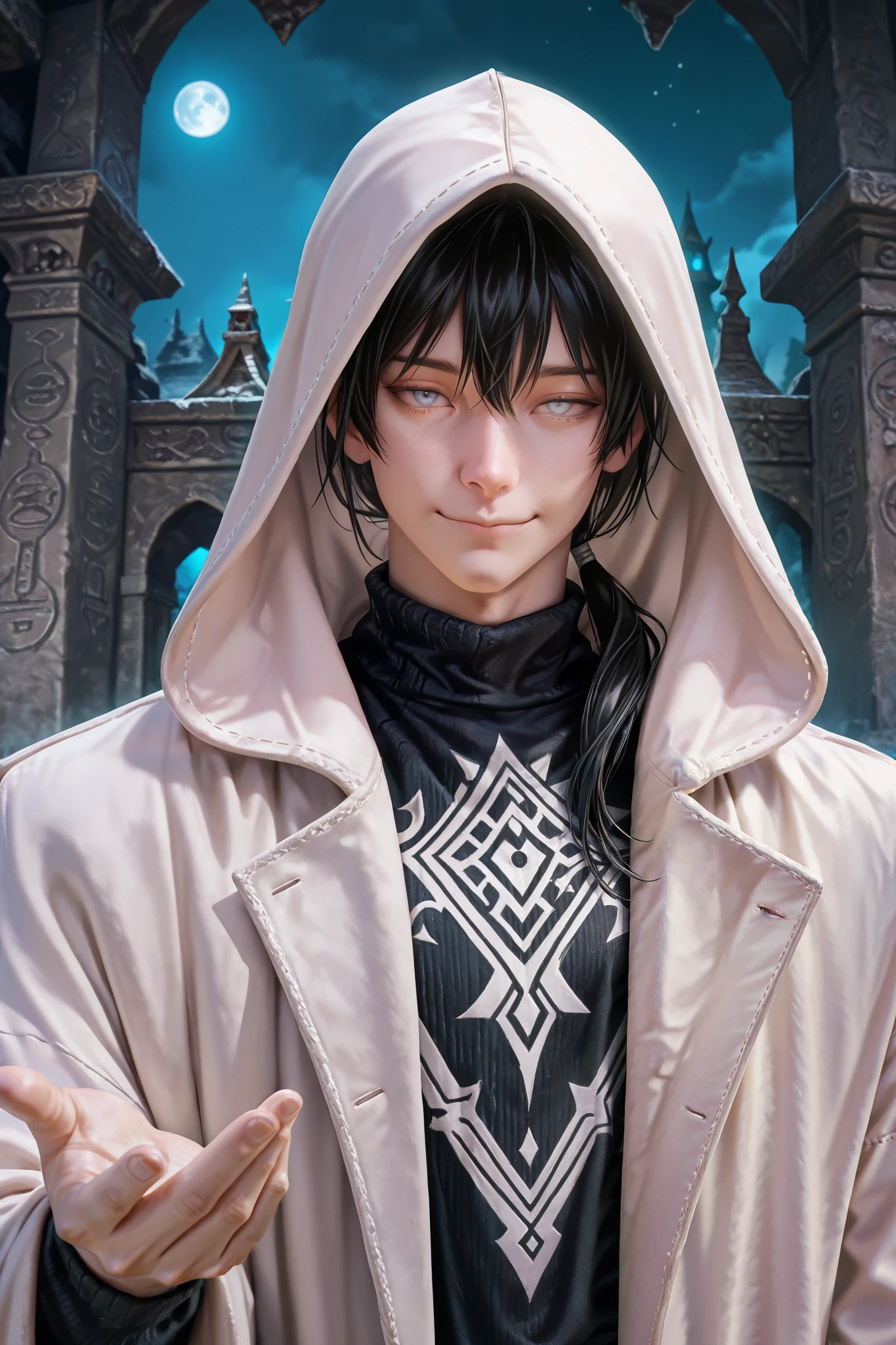 masterpiece, best quality, detailed eyes, semi realistic, 8k, boy, cool, small, white robe coat, black sweater, short black low ponytail hair, white eye, fantasy, solo character, wearing hood, fantasy temple background, night time, upper body, emotionless face, a bit smile, handing over to viewer