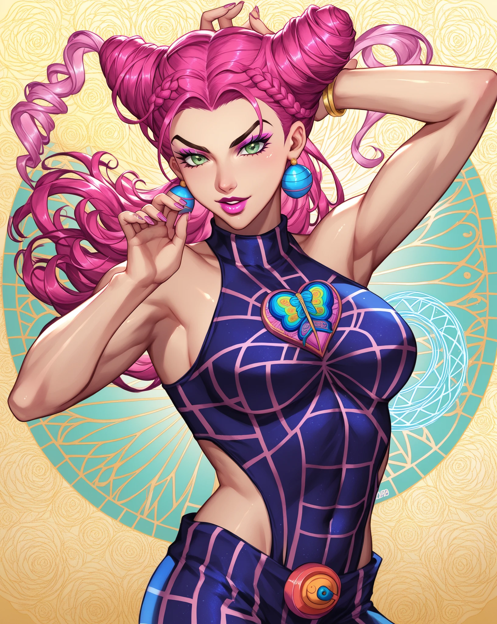 A woman with pink hair and tattoos stands in a flowy dress with colorful patterns. The background is a black expanse with swirling colors of pink, orange, purple, and blue.