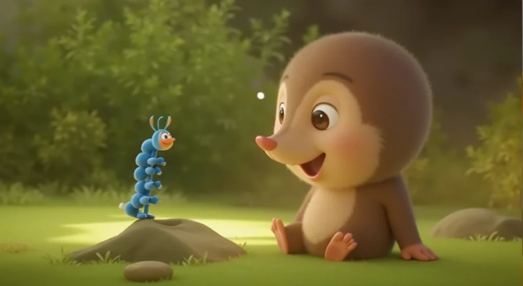 A one-year-old Chinese baby sticks his finger toward an ant hole,The eyes looked curiously into the hole,It's hard to see what's going on in the hole,Bubble Mart style,Make the child cute。