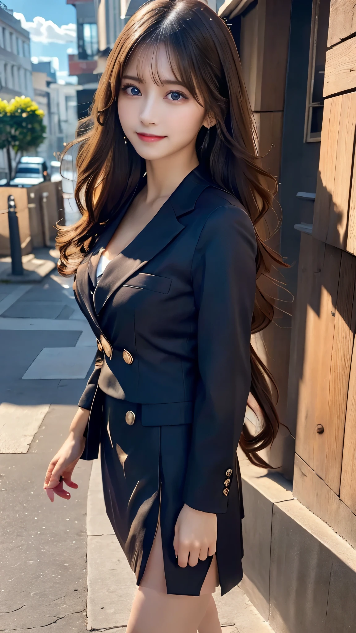 ((photorealistic)),((realistic)),((super high resolution)),((8K image)),( beautiful lighting arranged in an orderly manner),((Adult long hair:1.3)),((City Backgrounds:1.1)),((23 years old)),((Very beautiful and perfect body:1.2)),((A perfect and beautiful smile:1.3)),((detailed and beautiful skin)),((perfect and beautiful fingers:1.1)),((perfect anatomy:1.3)),((Beautiful E-cup breasts)),( beautiful waist),(big and toned hips),beautiful perfect face,A perfect and sharp gaze,( detailed and perfect big eyes),((office lady)),((Secretary style suit:1.3)),((miniskirt)),random pose