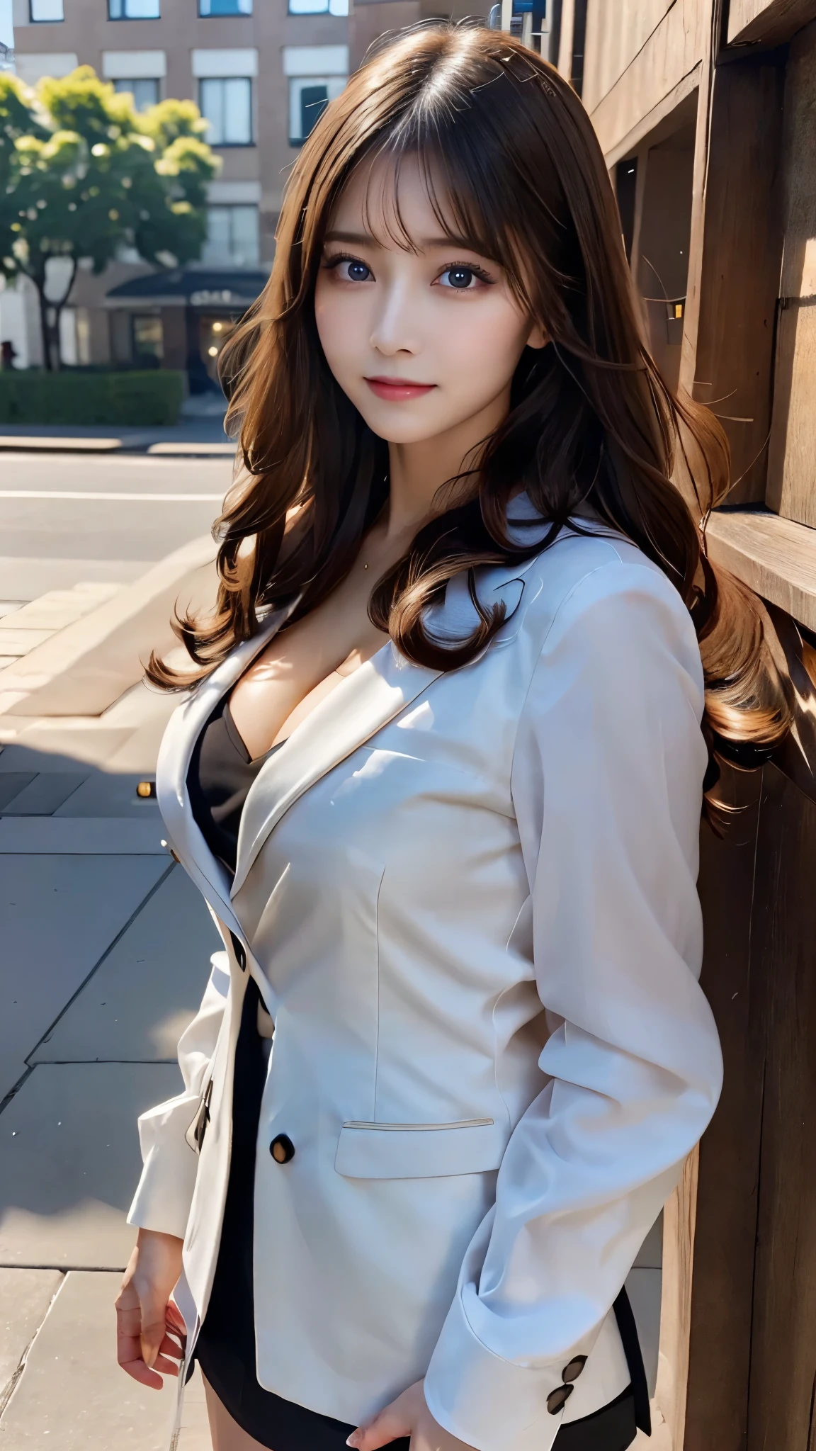 ((photorealistic)),((realistic)),((super high resolution)),((8K image)),( beautiful lighting arranged in an orderly manner),((Adult long hair:1.3)),((City Backgrounds:1.1)),((23 years old)),((Very beautiful and perfect body:1.2)),((A perfect and beautiful smile:1.3)),((detailed and beautiful skin)),((perfect and beautiful fingers:1.1)),((perfect anatomy:1.3)),((Beautiful E-cup breasts)),( beautiful waist),(big and toned hips),beautiful perfect face,A perfect and sharp gaze,( detailed and perfect big eyes),((office lady)),((Secretary style suit:1.3)),((miniskirt)),random pose