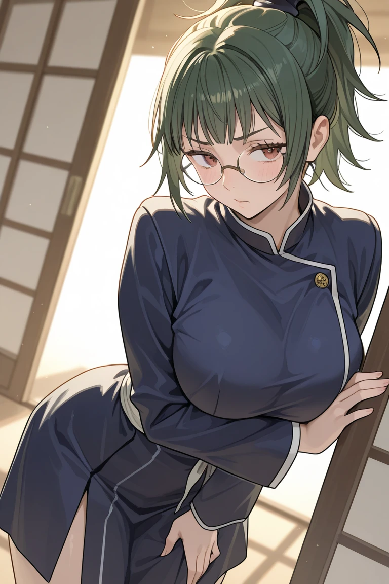 score_9, score_8_up, score_7_up, score_9, source_anime, BREAK (((Maki Zenin SDXL))), 1girl, solo, breasts, looking at viewer, blush,Green hair color, cleavage, Yellow Eyes,Glasses, collarbone, japanese clothes, huge breasts, shiny hair,, sash, makeup, blurry background, web address, mature female, Maki Zenin(JUJUTSU KAİSEN),(((Big Breasts、)))(((Big Breasts))),(((BIG ASS))),(((Steam is coming out))),(((Saggy breasts))),(((Large breasts))),(((Big Tits))),(((ahegao))),(((Completely naked))),(((Sweaty))),(((Steam is coming out))),(((ahegao))),(((ponytail))),Show the whole face,(Obese man with exposed penis),