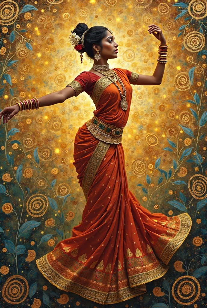 An Indian woman in a brightly colored sari dances while turning in the center of the screen。smile。The background is Art Nouveau with a motif of cows and elephants。
