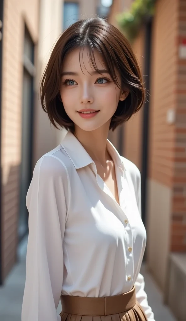 ((masterpiece)), ((Highest quality)), ((Complex)), ((Surreal)), (Realistic), (Mature Woman), ((No classes)), Very detailed, (1 female), Beautiful and exquisite, (Beautiful Teeth), Grin, Brunette Bob Hair, Brown eyes, ((blouse)), (Upper Body), (background:none), Perfect Eyes, Captivating eyes, Looking at the audience